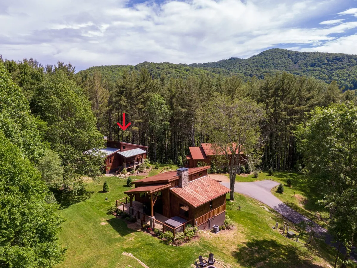 A group of wooden cabins nestled among tall trees with a dramatic mountain backdrop. The scene suggests opportunities for outdoor dining, hiking, and stargazing, with the cabins seamlessly integrated into their lush, natural environment.