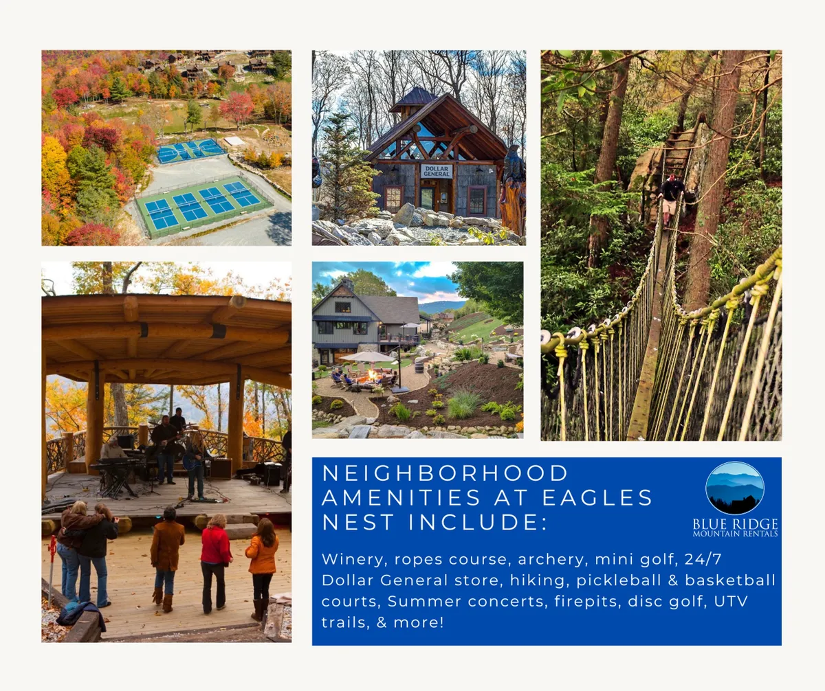 This vibrant exterior image captures the heart of the Eagles Nest resort community with colorful autumn foliage, a multi-purpose recreational area, a wooden stage for performances, and visible scenic hiking trails. The space is set up for live events and physical activities, with families and children enjoying an adventurous atmosphere.